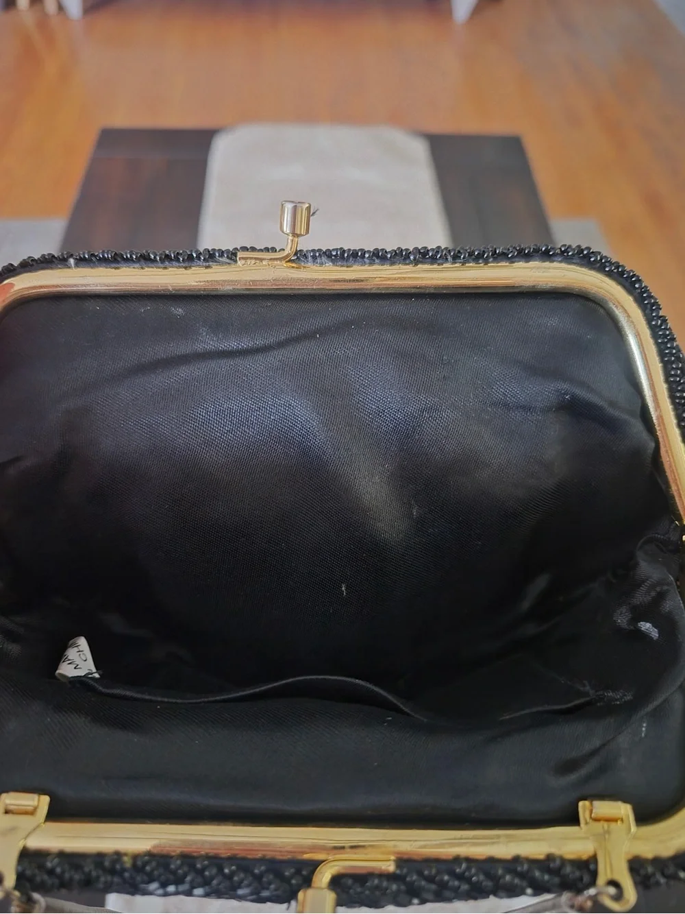 Vintage Black Beaded Evening Clutch with Chain Strap